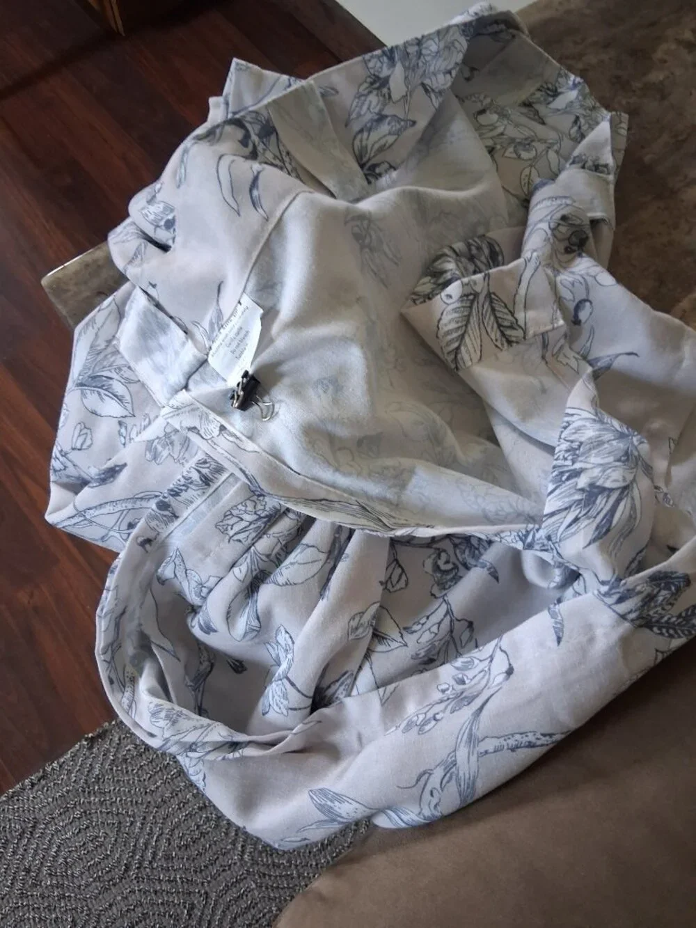 Grey Background with Blue/White Floral 50W x 95L UNLINED Linen Blend Drapes